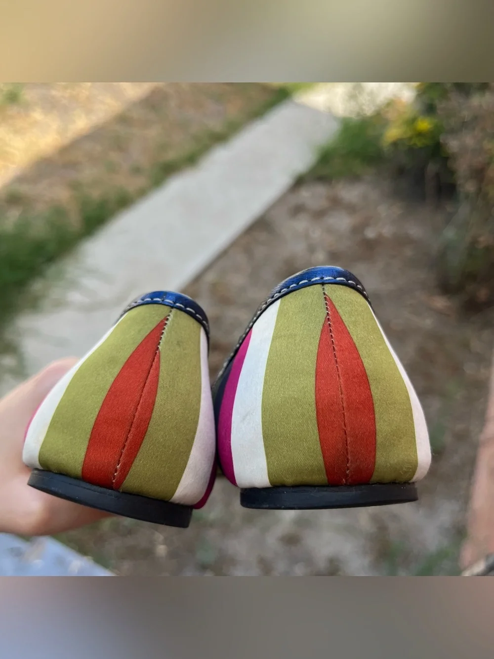 Vintage Y2K Coach Legacy Striped Satin Ballet Flats with a Small Bow Detail.